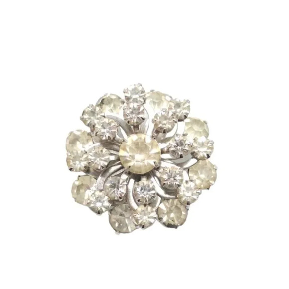 Faceted White Crystal Flower Circle Brooch Pin Silver Tone Vintage (K) - Picture 1 of 4